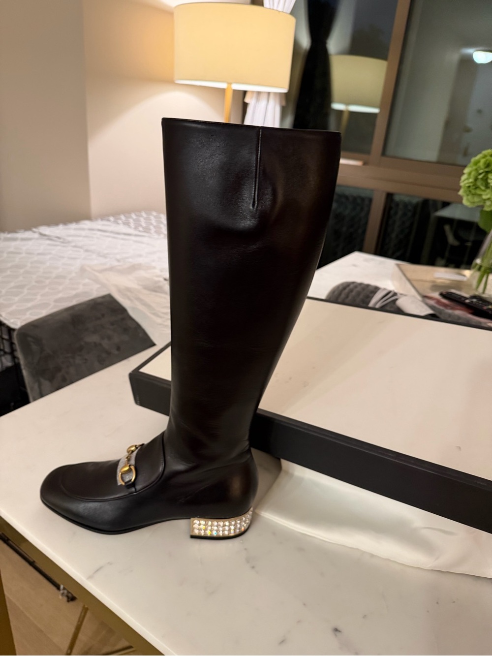 Absolutely gorgeous!!! Black Embellished Gucci Heel Knee-High Leather Boots
